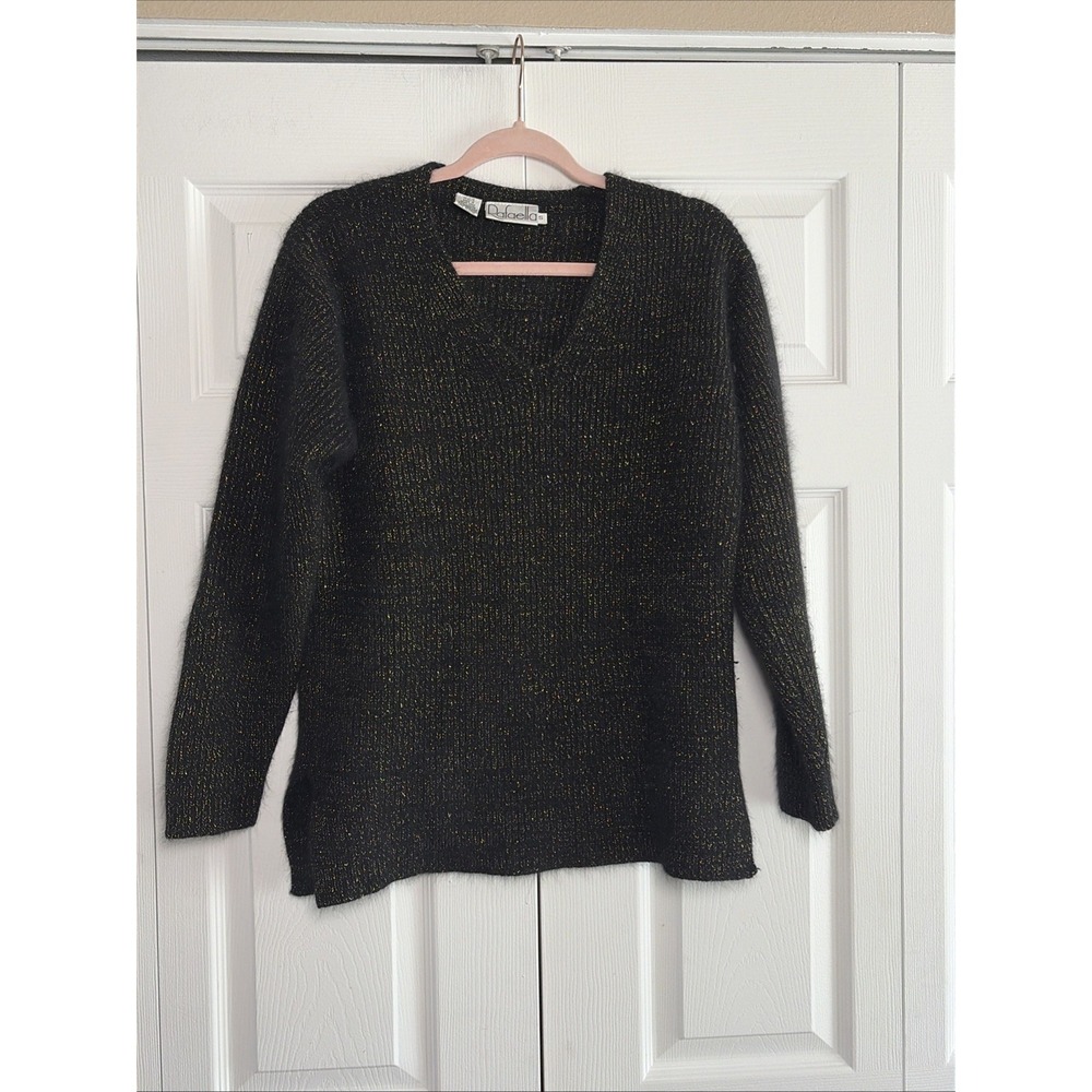 Rafaella Vintage V Neck Sweater Womens‎ Size S Black Shimmer Angora Wool Blend